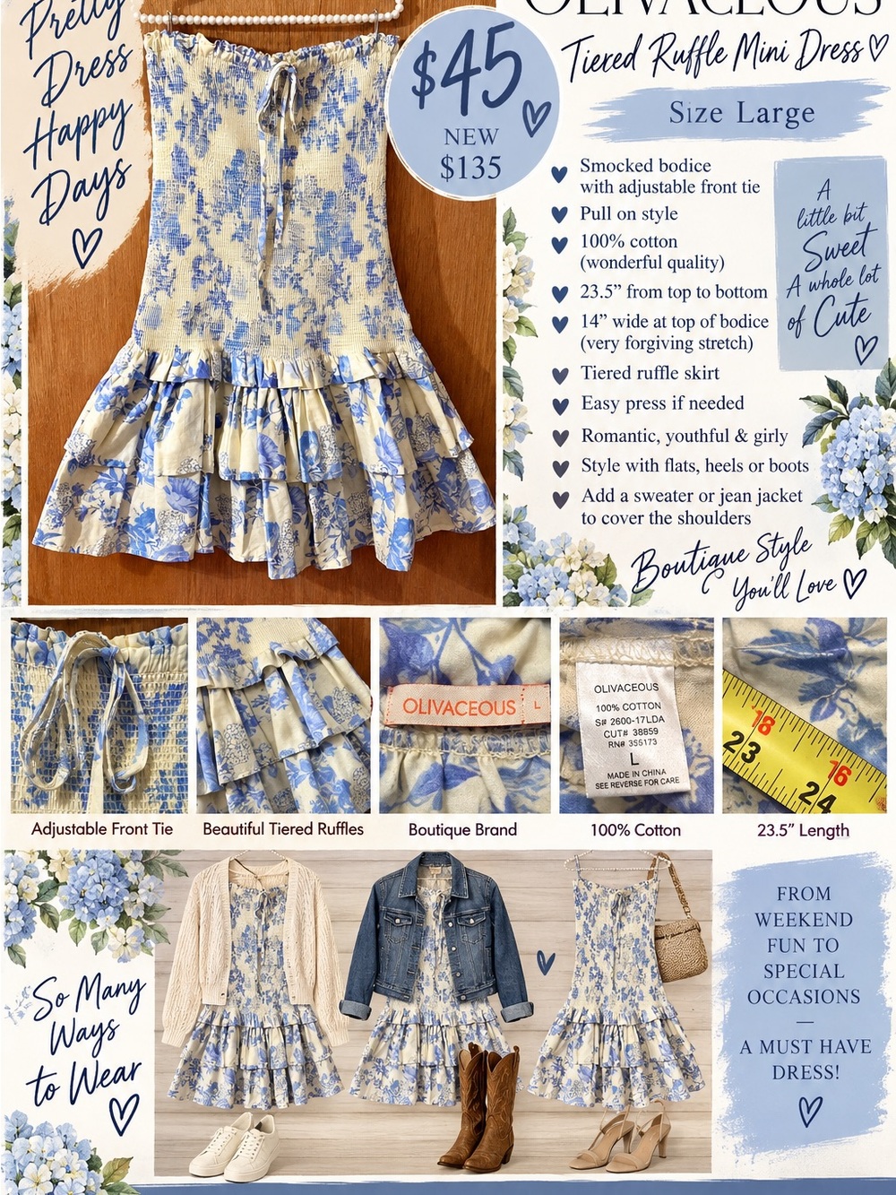 Boutique Cornflower Blue & Pale Yellow “Olivaceous” Tiered Ruffle Mini Dress